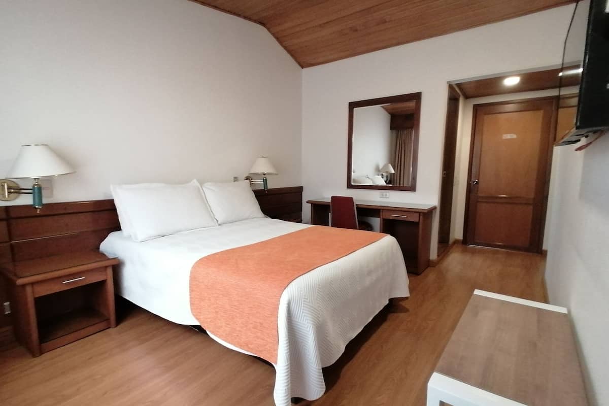 A bedroom with a bed, bedside tables, a desk, a chair, a mirror, and a door.