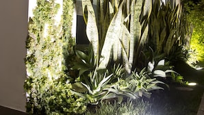 Un edificio moderno con jardín vertical y diversas plantas.