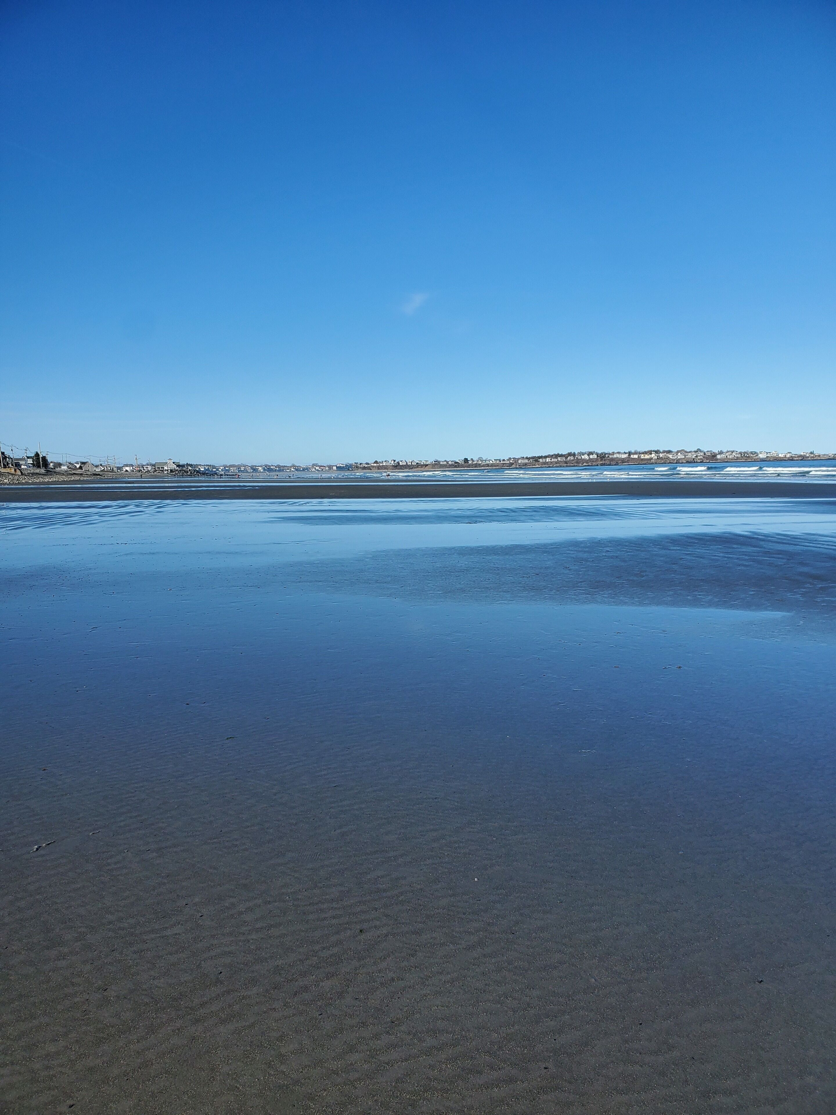 A beach with a clear sky and calm water.