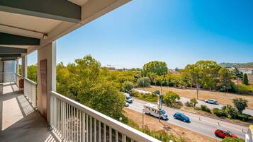 Un balcon donnant sur une route et sur un espace verdoyant.