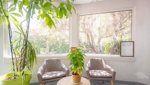 Una habitación con dos sillones de cuero, una mesita redonda y una planta en maceta.