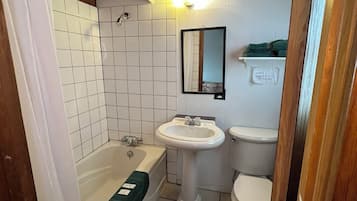Combined shower/tub, hair dryer, towels, soap
