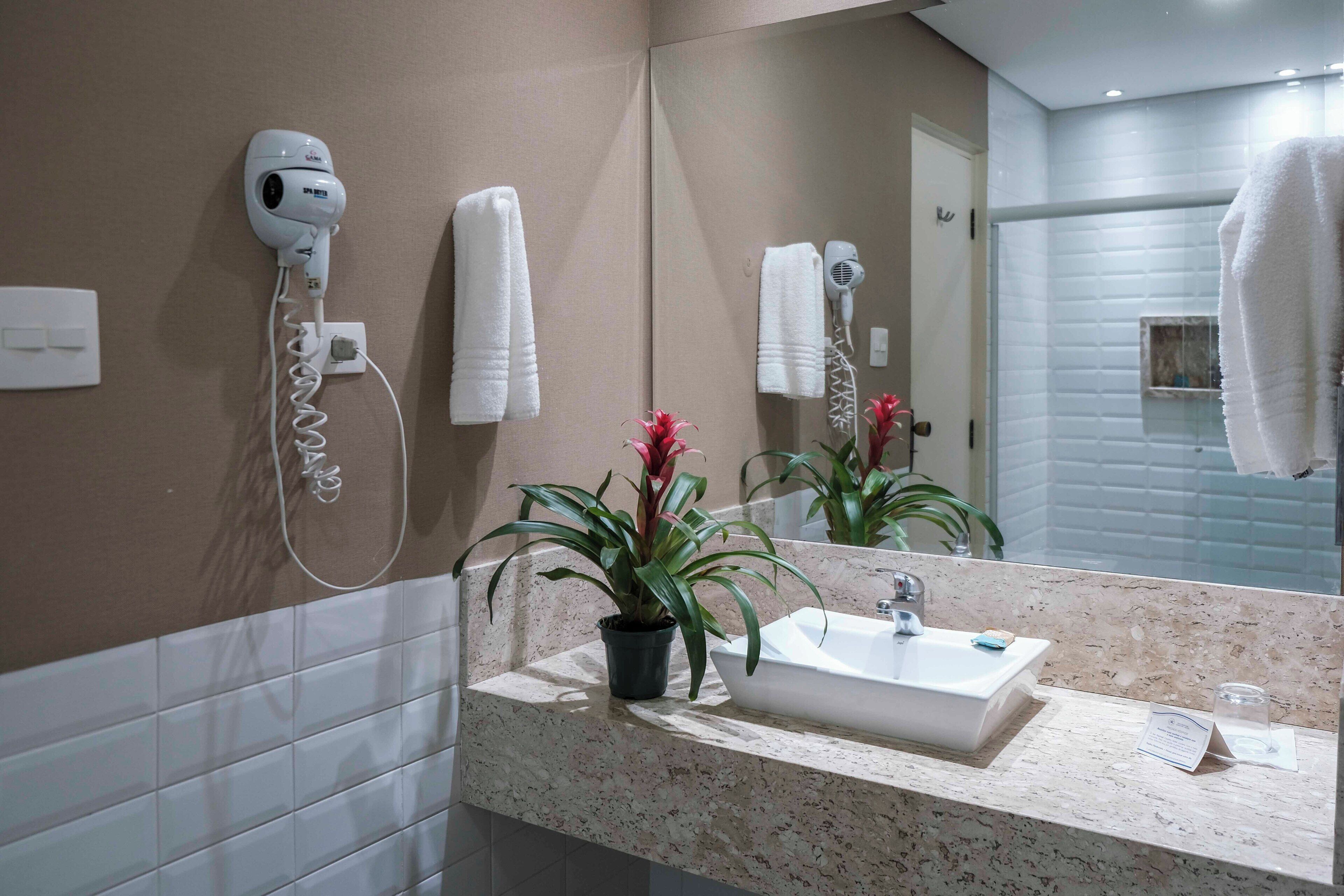 A bathroom with a sink, towel rack, hairdryer, and potted plant.