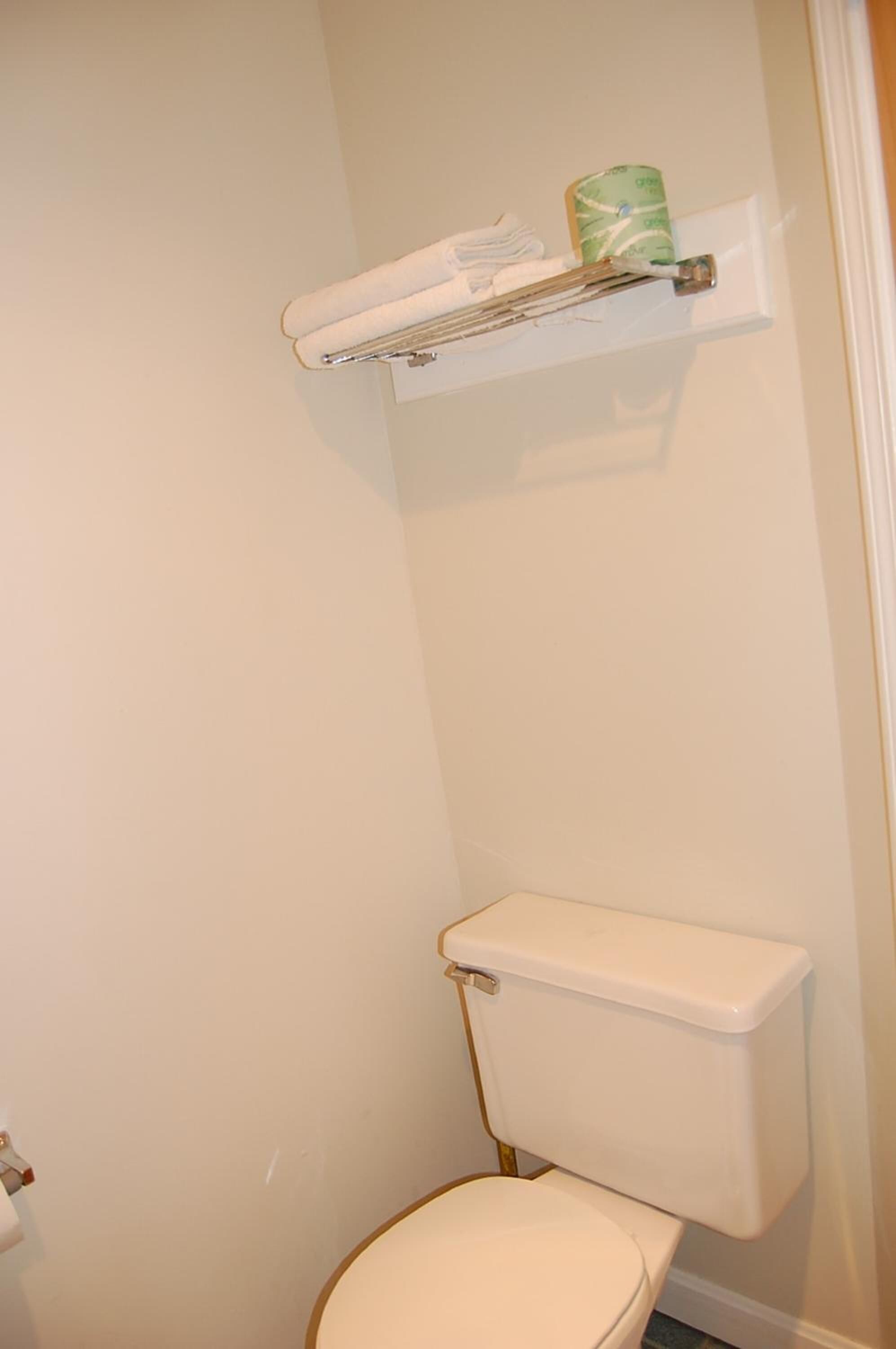 Une salle de bain avec des toilettes blanches, un porte-serviettes avec un rouleau de papier toilette et une pomme de douche.