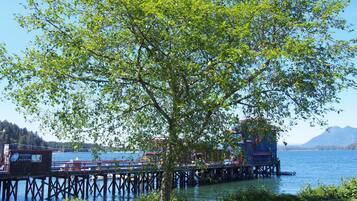 A pier extending into a lake with a tree in the foreground and buildings on the pier.