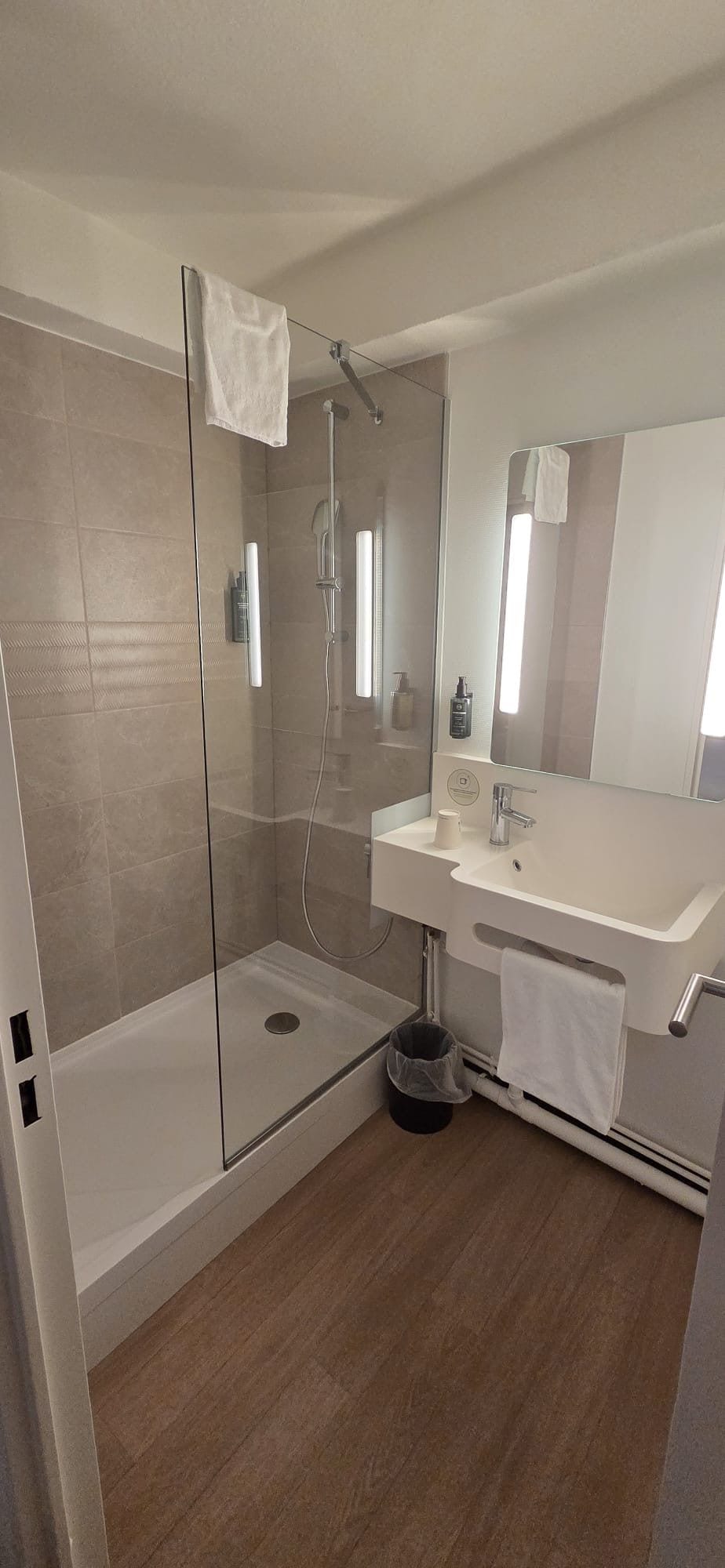 A modern bathroom with a glass-enclosed shower, a white sink, and a large mirror.