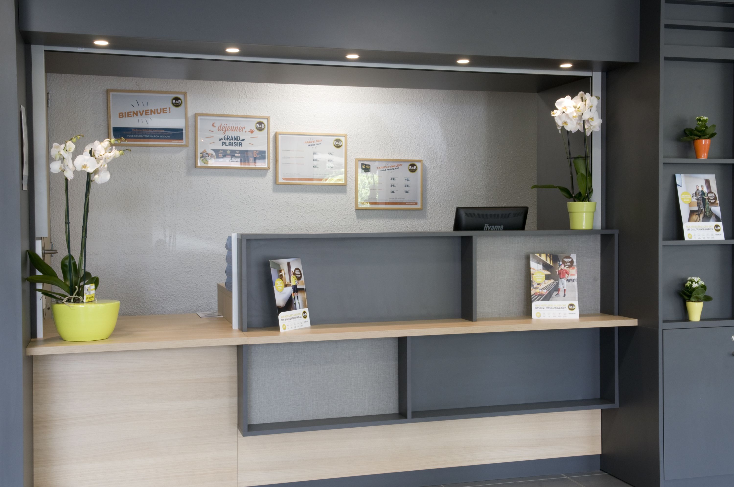 A reception desk with framed welcome signs, a potted orchid, and informational brochures.