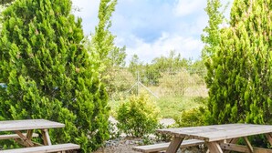 A wooden picnic table set in a garden with dense green foliage and a gravel path. - B&B HOTEL Belfort (Belfort)