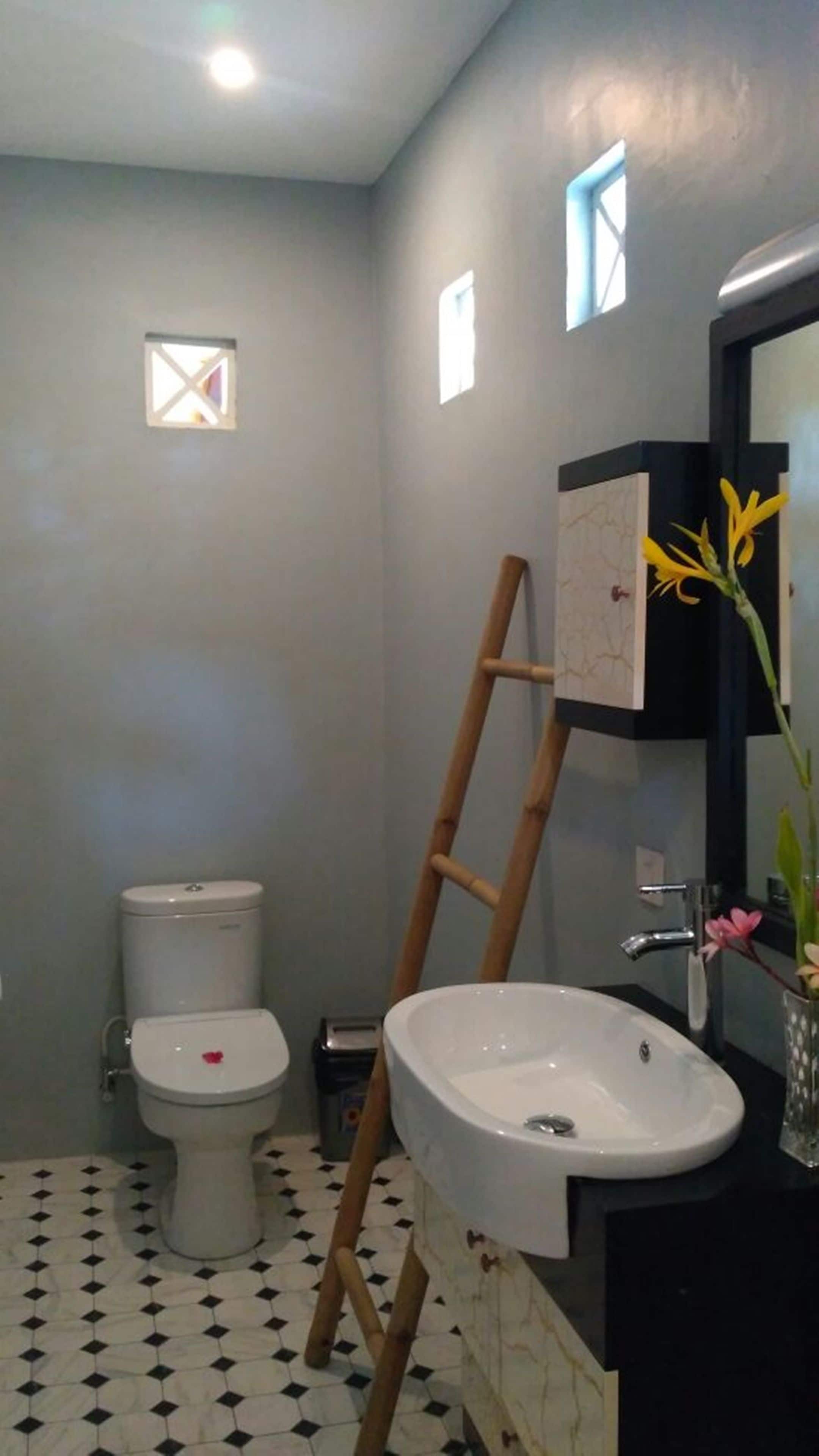 Un baño con inodoro, lavamanos y una escalera apoyada en la pared.