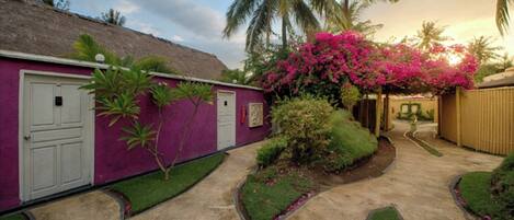 A purple building with a white door, surrounded by a garden with pink flowers and palm trees.
