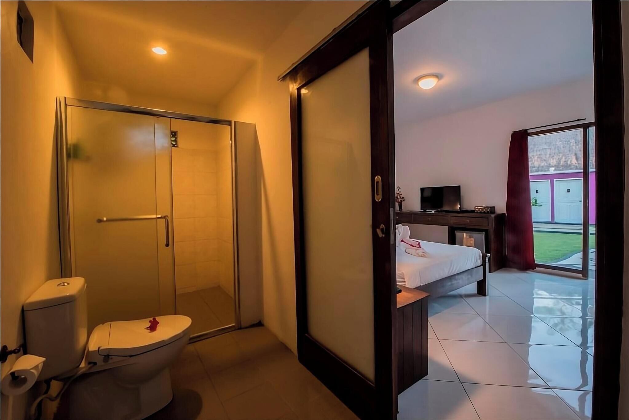 Habitación de hotel con inodoro, ducha y cama con televisor.