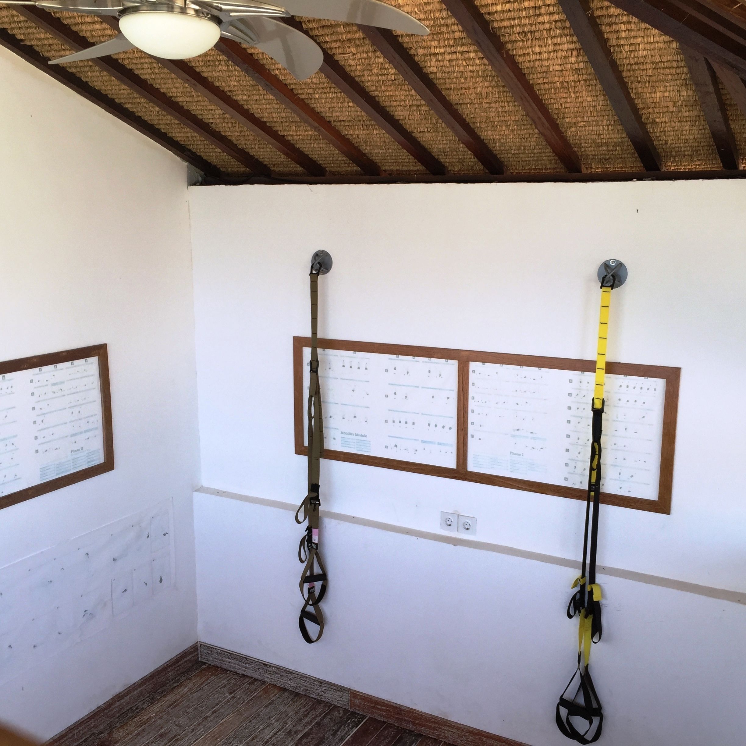 A room with a ceiling fan, a straw thatched roof, and two bulletin boards with papers attached.
