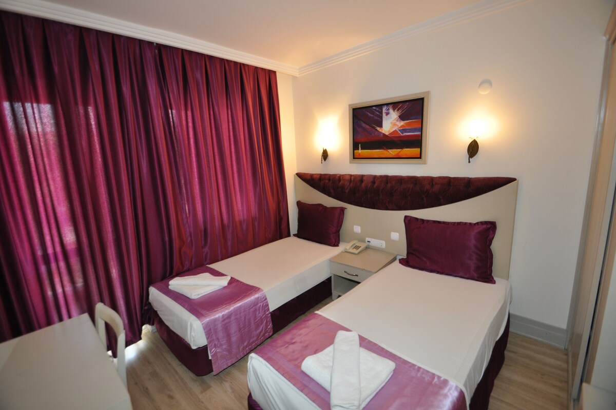 Habitación de hotel con dos camas, un escritorio, una silla, un cuadro en la pared y una ventana con cortinas.