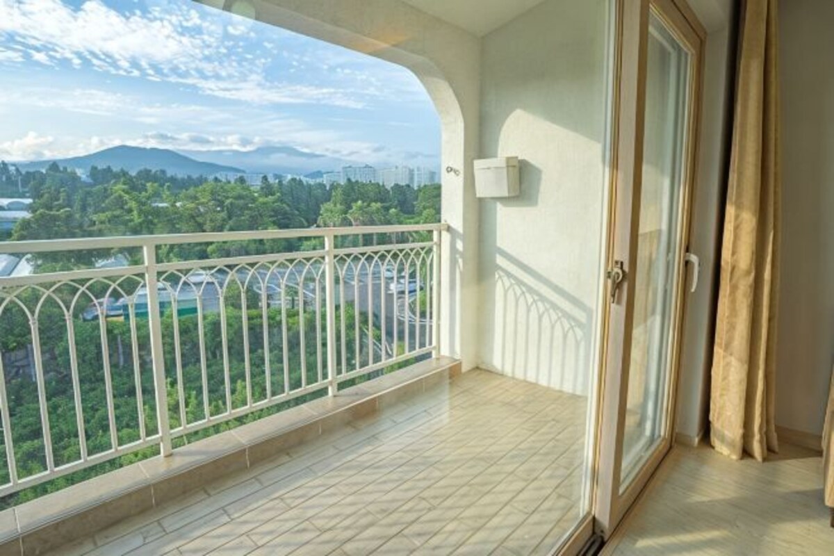 Un balcón con vistas a un paisaje urbano, una puerta y una ventana.