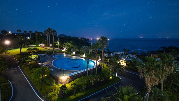 A resort with a swimming pool surrounded by palm trees and a view of the ocean at night. - Seaore Resort (Seogwipo)