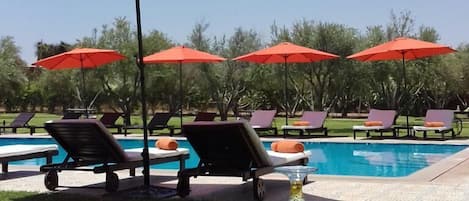 Outdoor pool, pool umbrellas, pool loungers