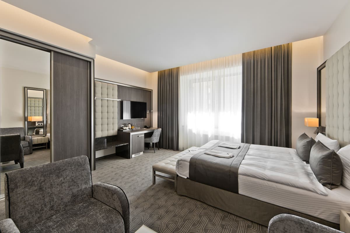 A hotel room with a bed, a desk, a chair, a TV, and a large mirror.