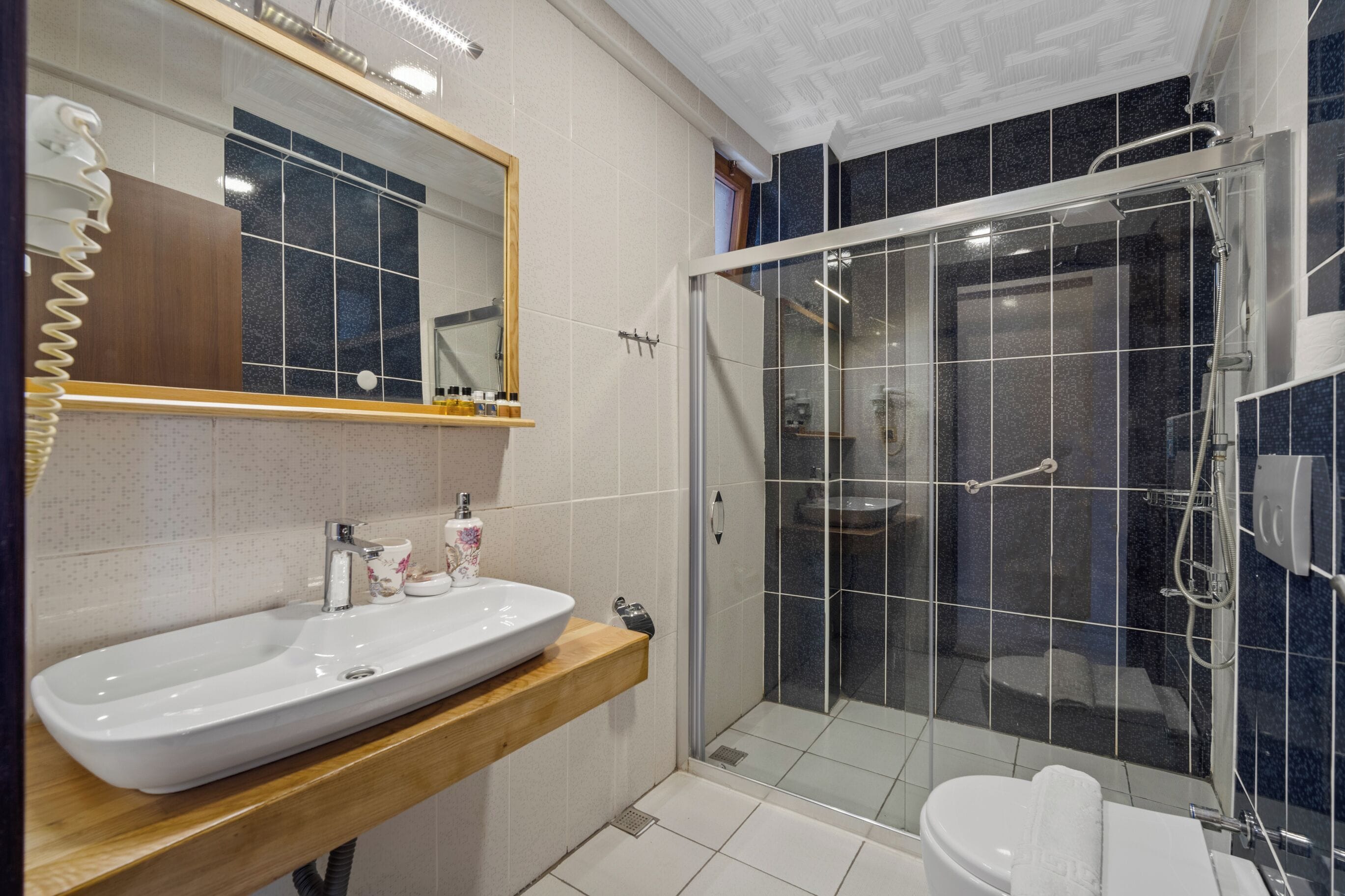 shower, free toiletries, hair dryer, slippers