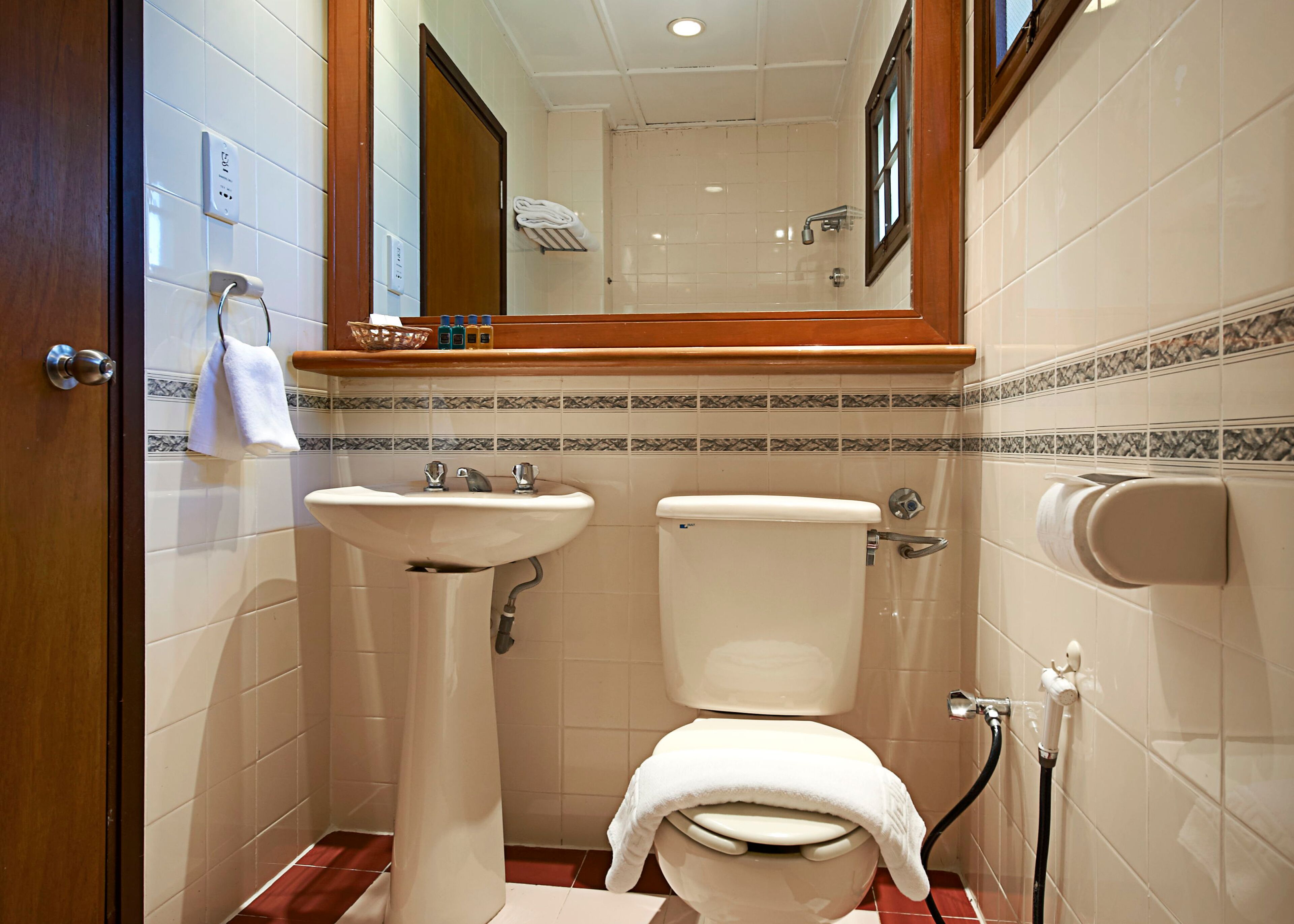 Un bagno compatto con lavabo a piedistallo, un water e zona doccia.