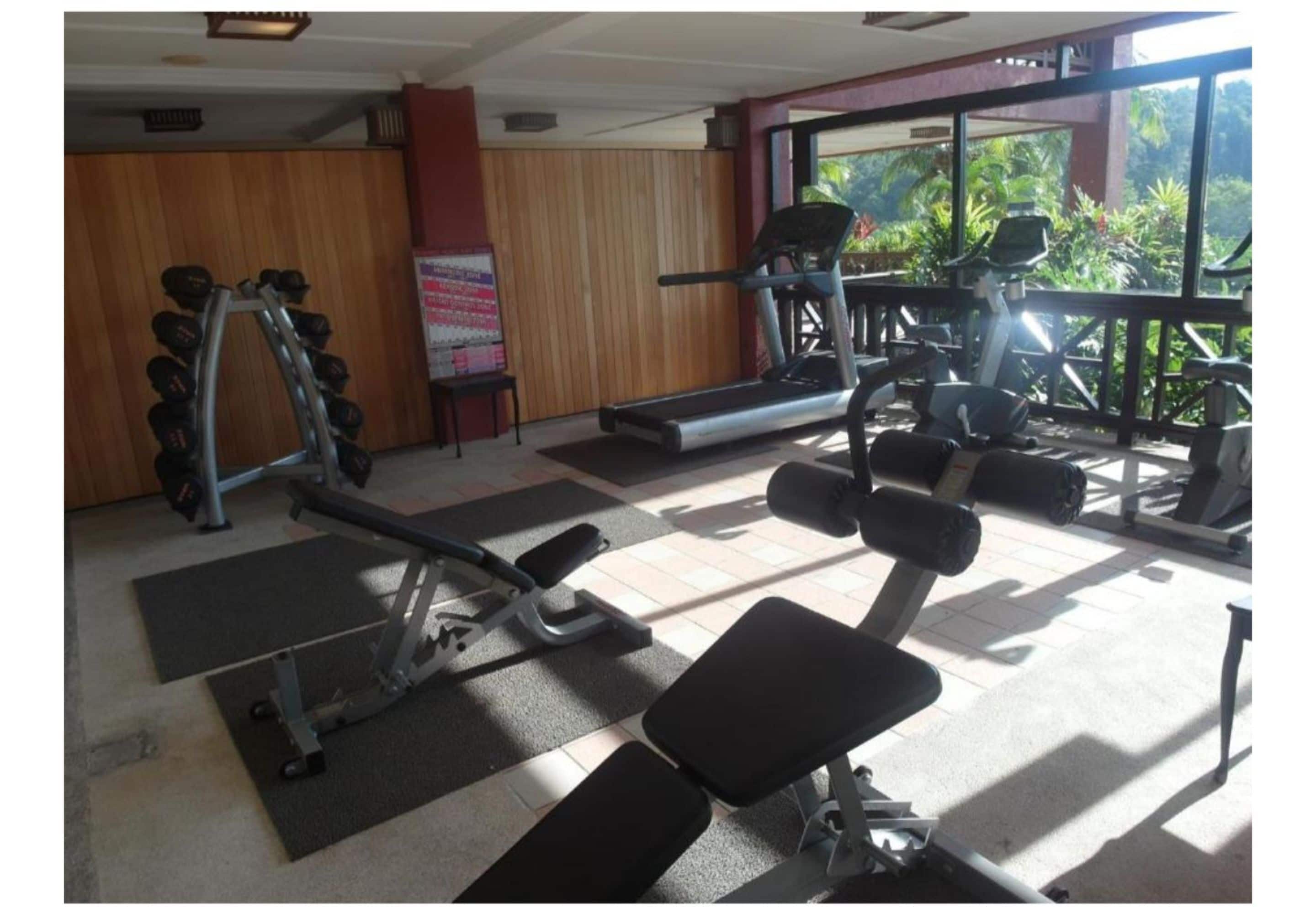 A gym with exercise equipment, a bench, and a treadmill.