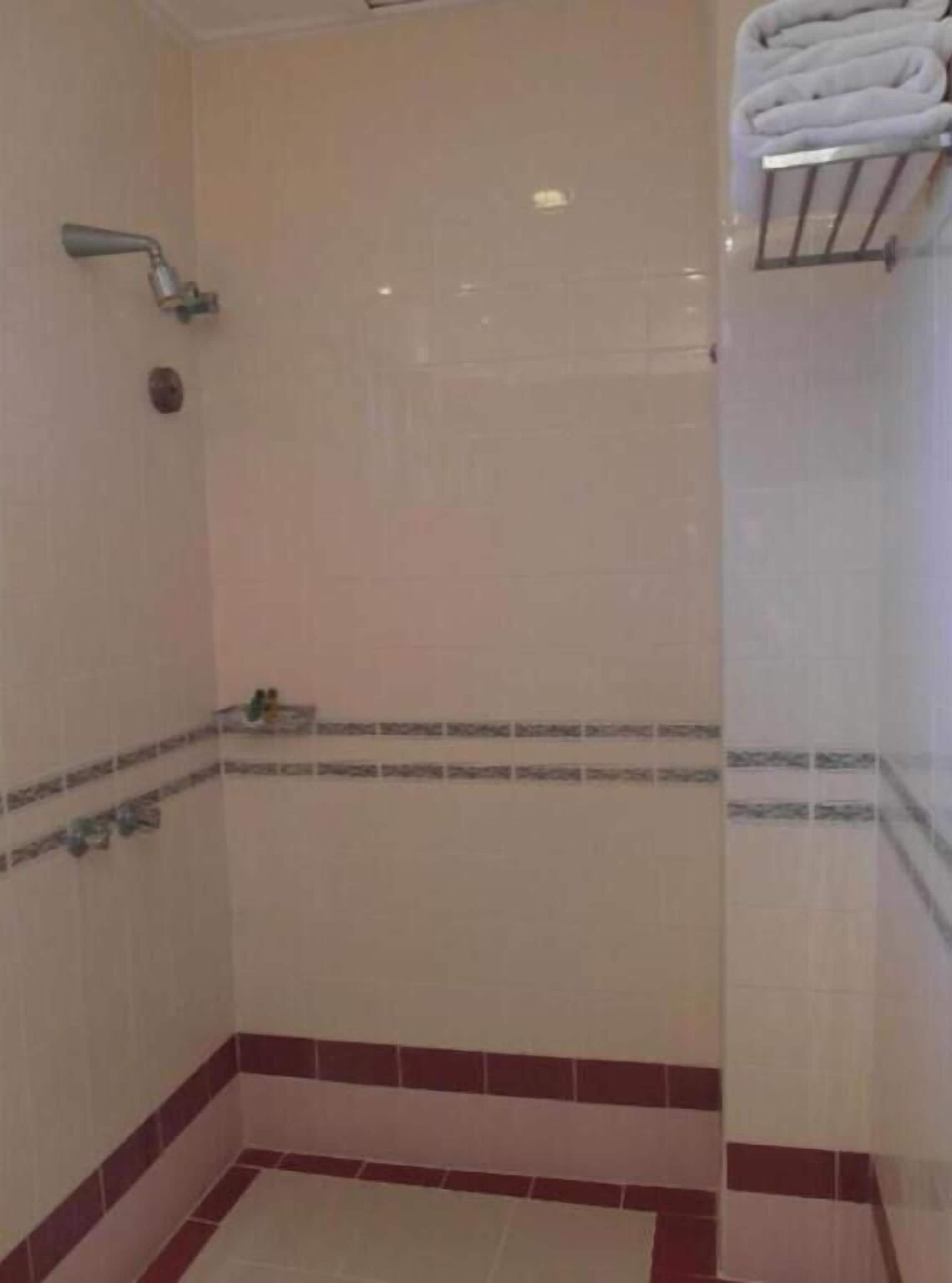 A bathroom with a shower, a towel rack, and a tiled floor.