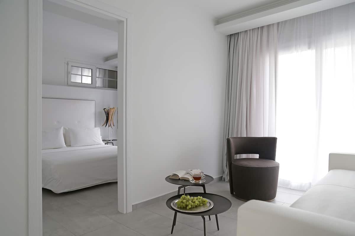 A modern hotel room with a bed, a small table with a fruit bowl, a chair, and a sofa.