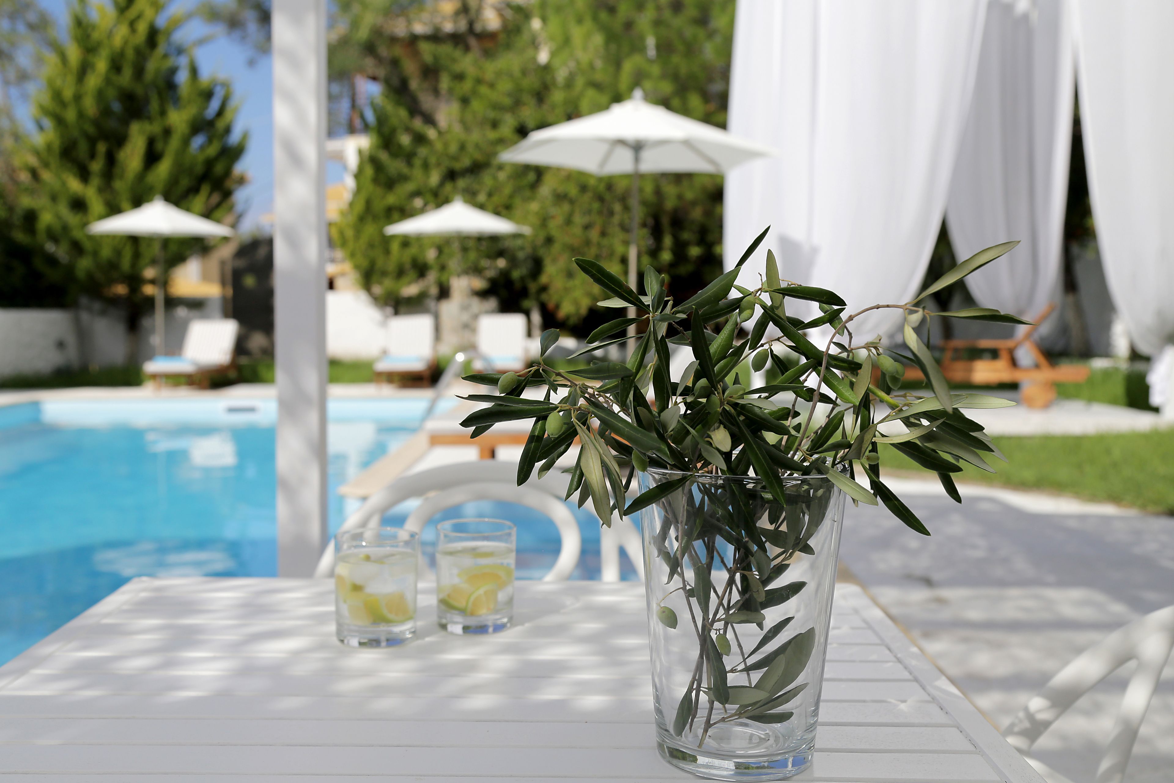 A poolside table with a clear glass vase containing green foliage, two glasses with a clear liquid and lemon slices, and white umbrellas in the background.