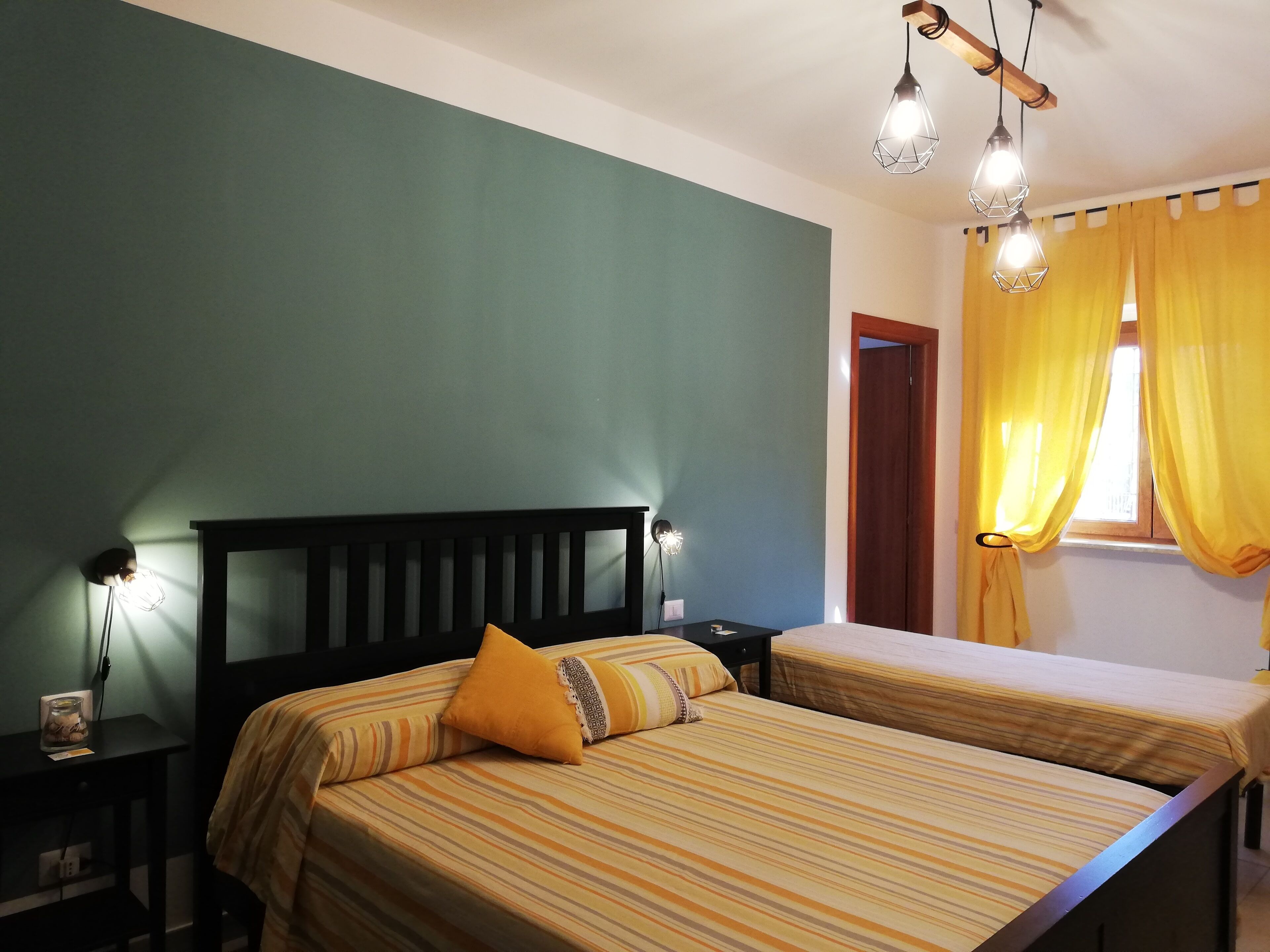 Down comforters, desk, laptop workspace, blackout drapes