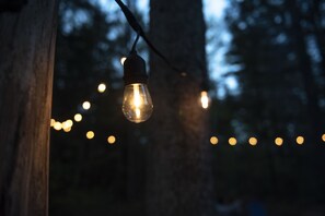 Uma fileira de luzes pendurada em um poste de madeira em uma área arborizada.