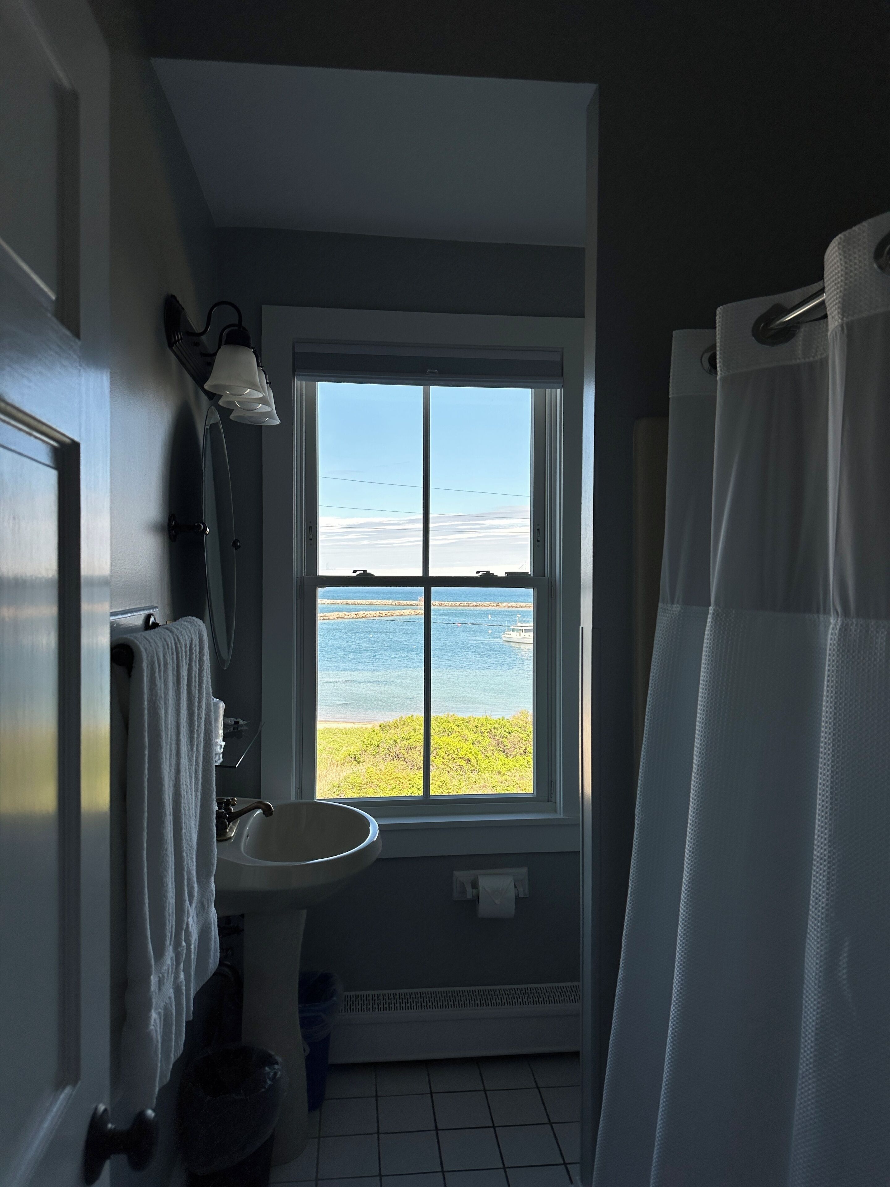 A bathroom with a window view of a body of water, a sink, and a shower curtain.
