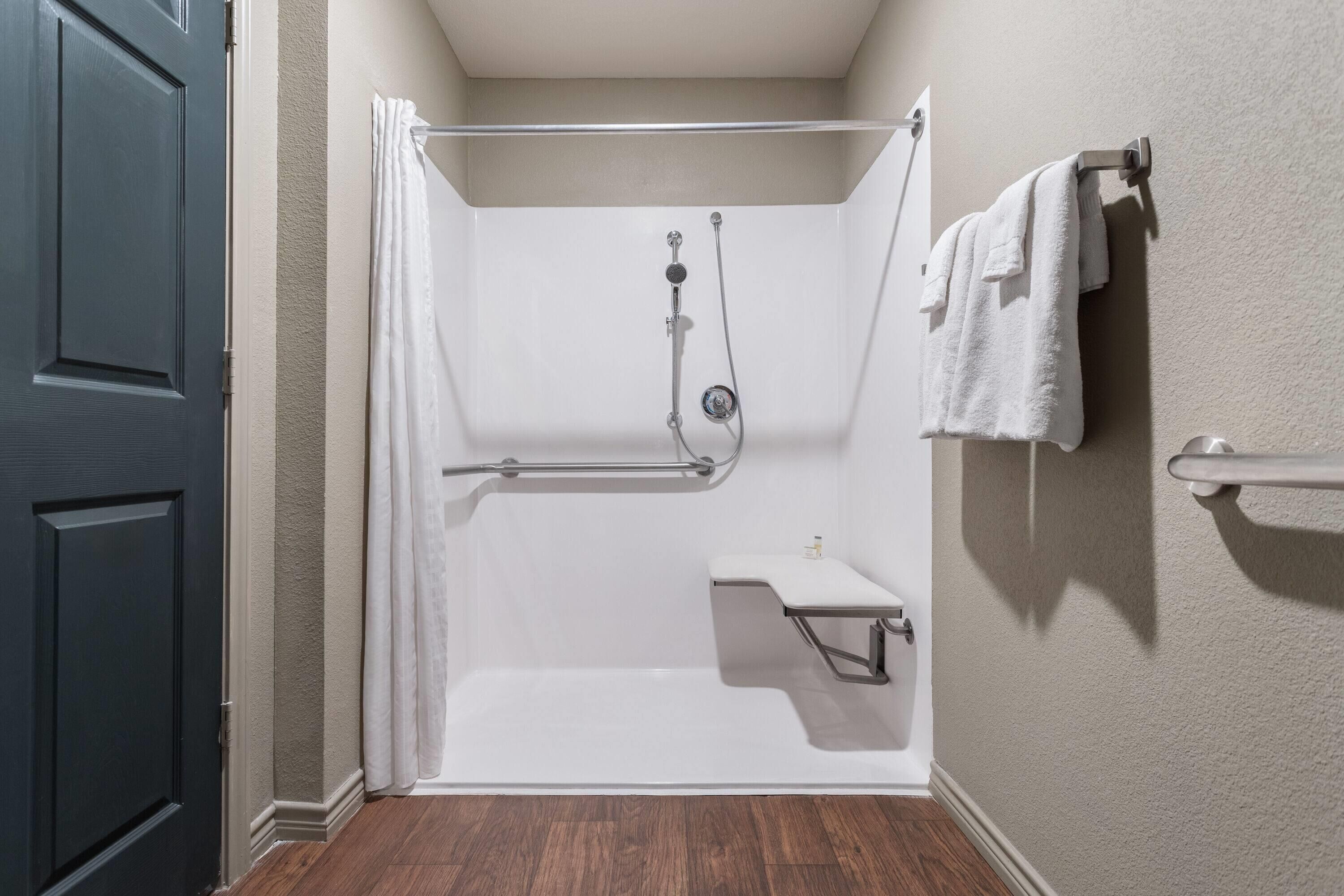 suite, 1 bedroom, accessible, non smoking (mobility, roll-in shower) | bathroom | shower, free toiletries, hair dryer, towels