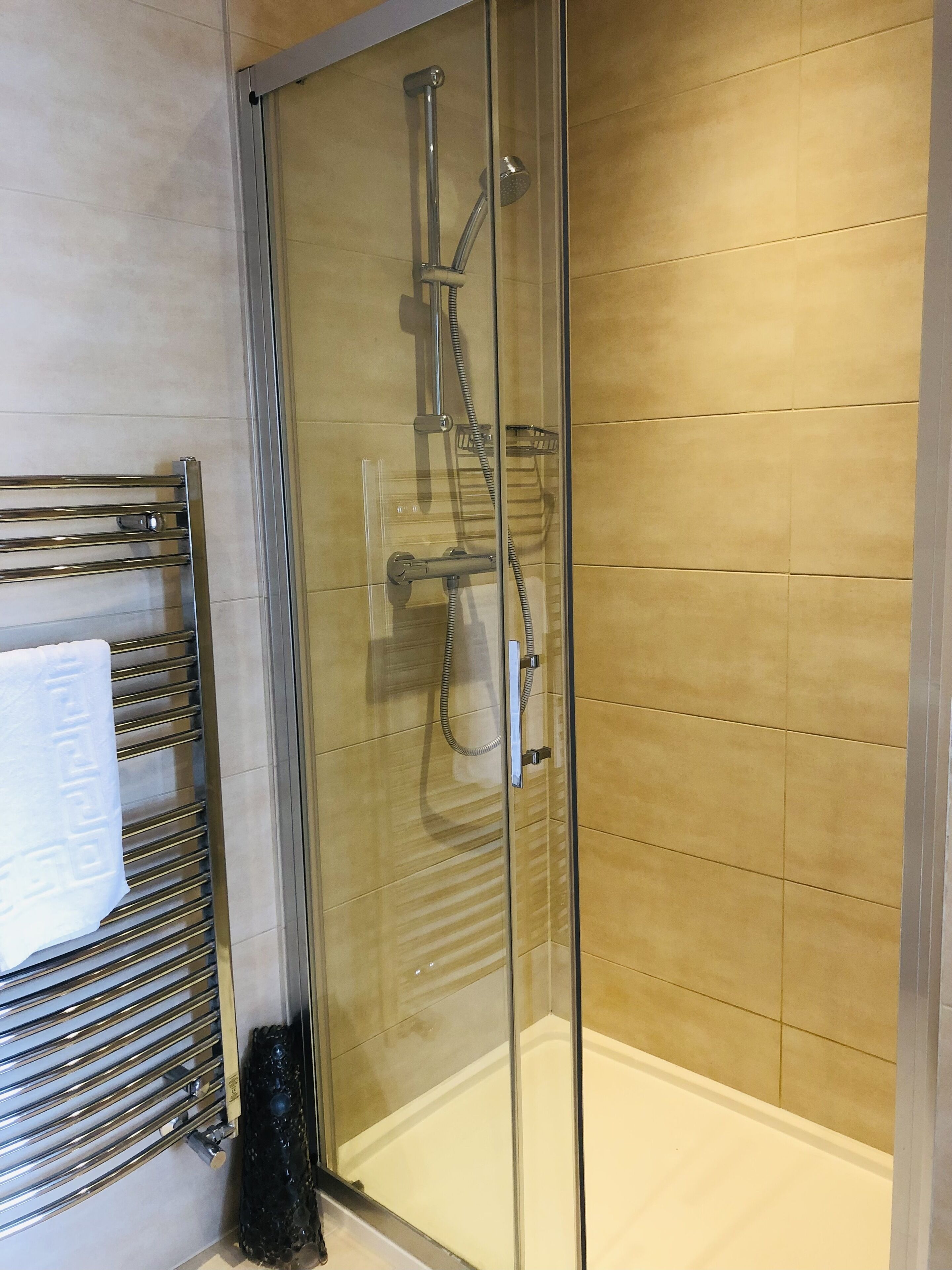 A glass-enclosed shower with a handheld showerhead and a handheld shower attachment.