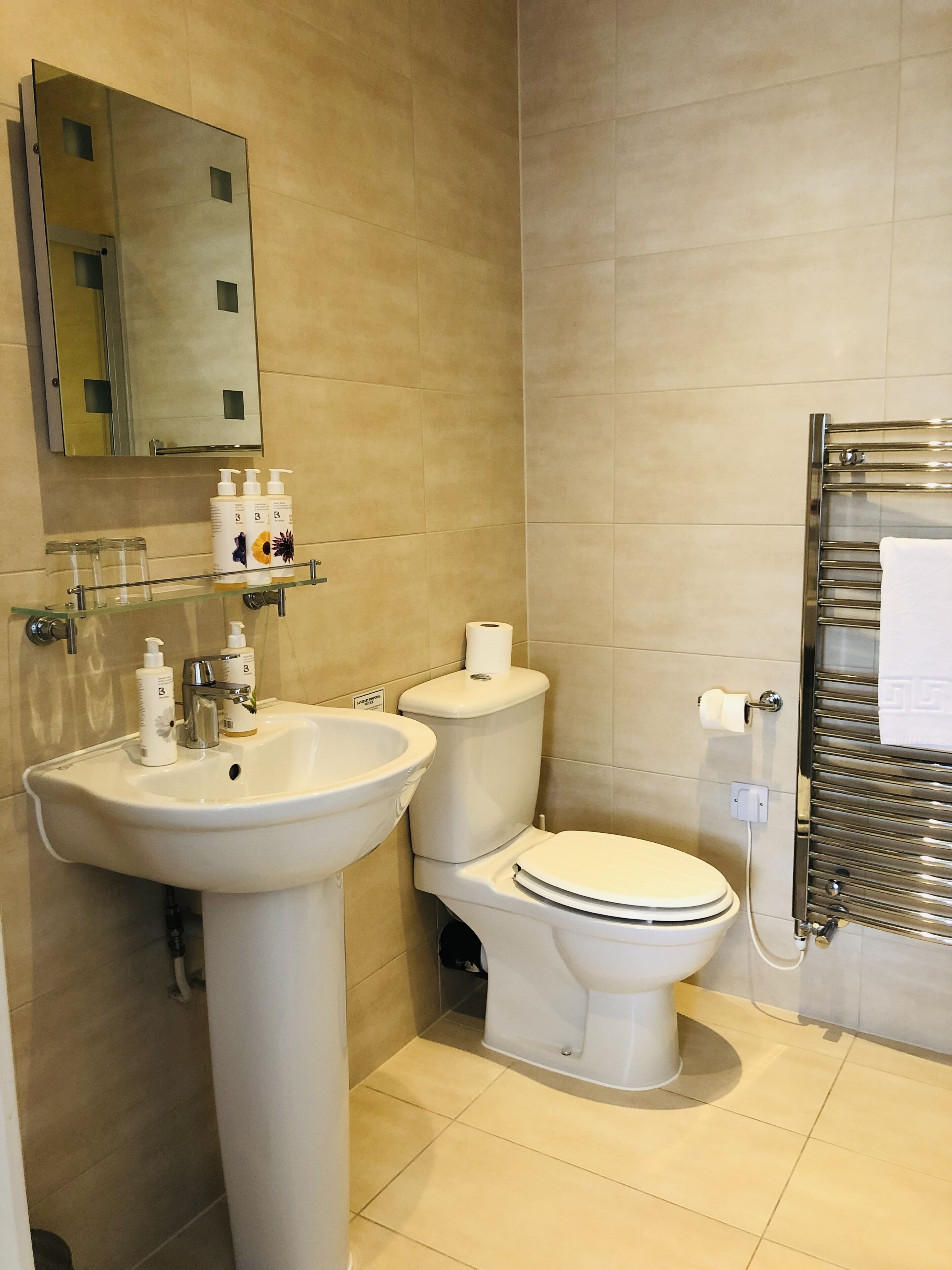 Une salle de bain équipée d’un lavabo, de toilettes et d’un porte-serviettes.