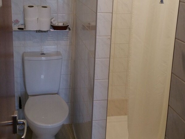 A bathroom with a toilet, a shelf with toilet paper, and a shower area. - Morrisy House (Blackpool)