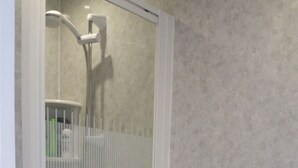 A shower enclosure with a glass door, a handheld showerhead, and a bottle of shampoo. - Morrisy House (Blackpool)
