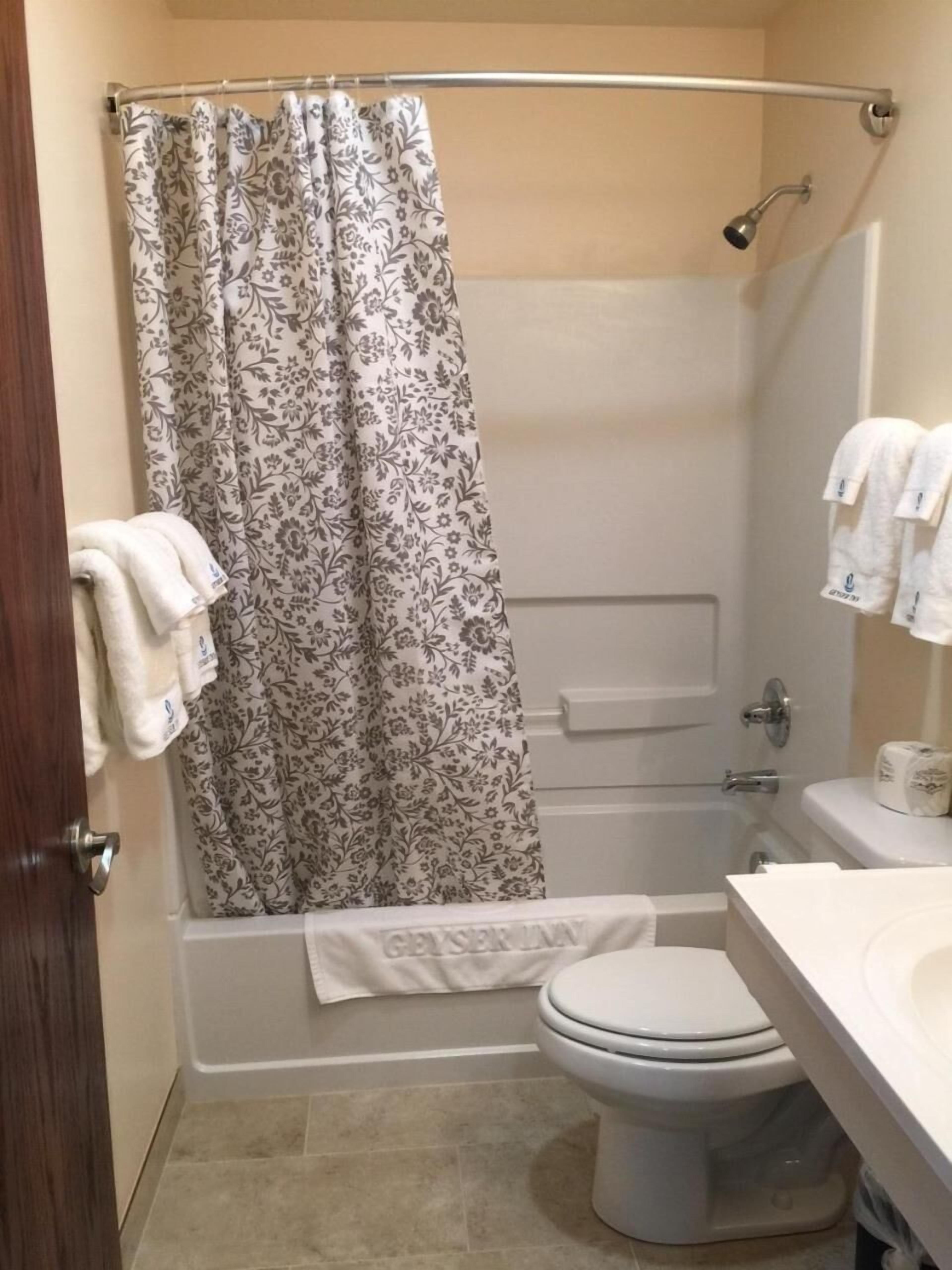 combined shower/bathtub, free toiletries, hair dryer, towels