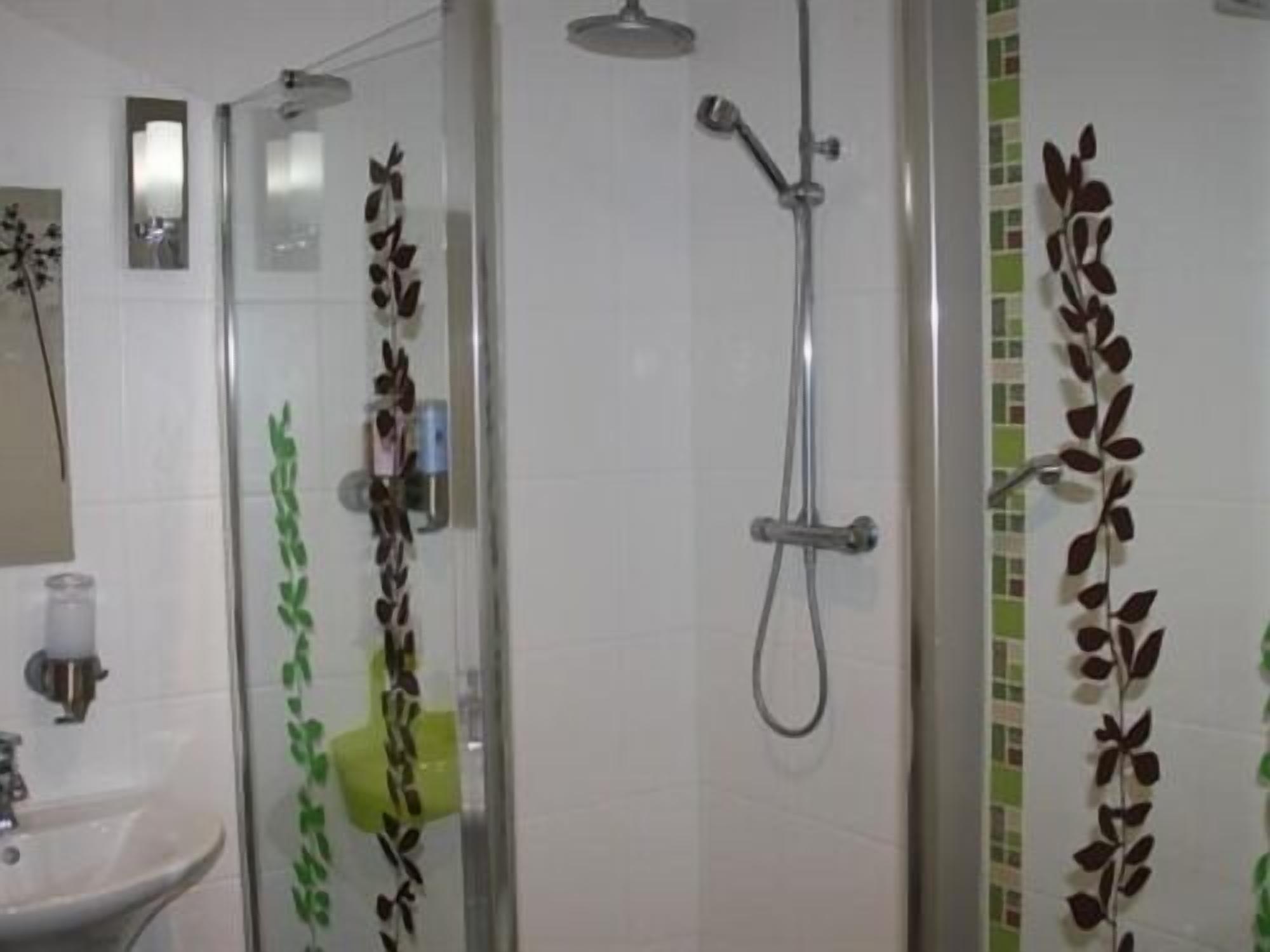 A bathroom with a glass shower enclosure, a sink, and decorative leaf patterns on the walls.