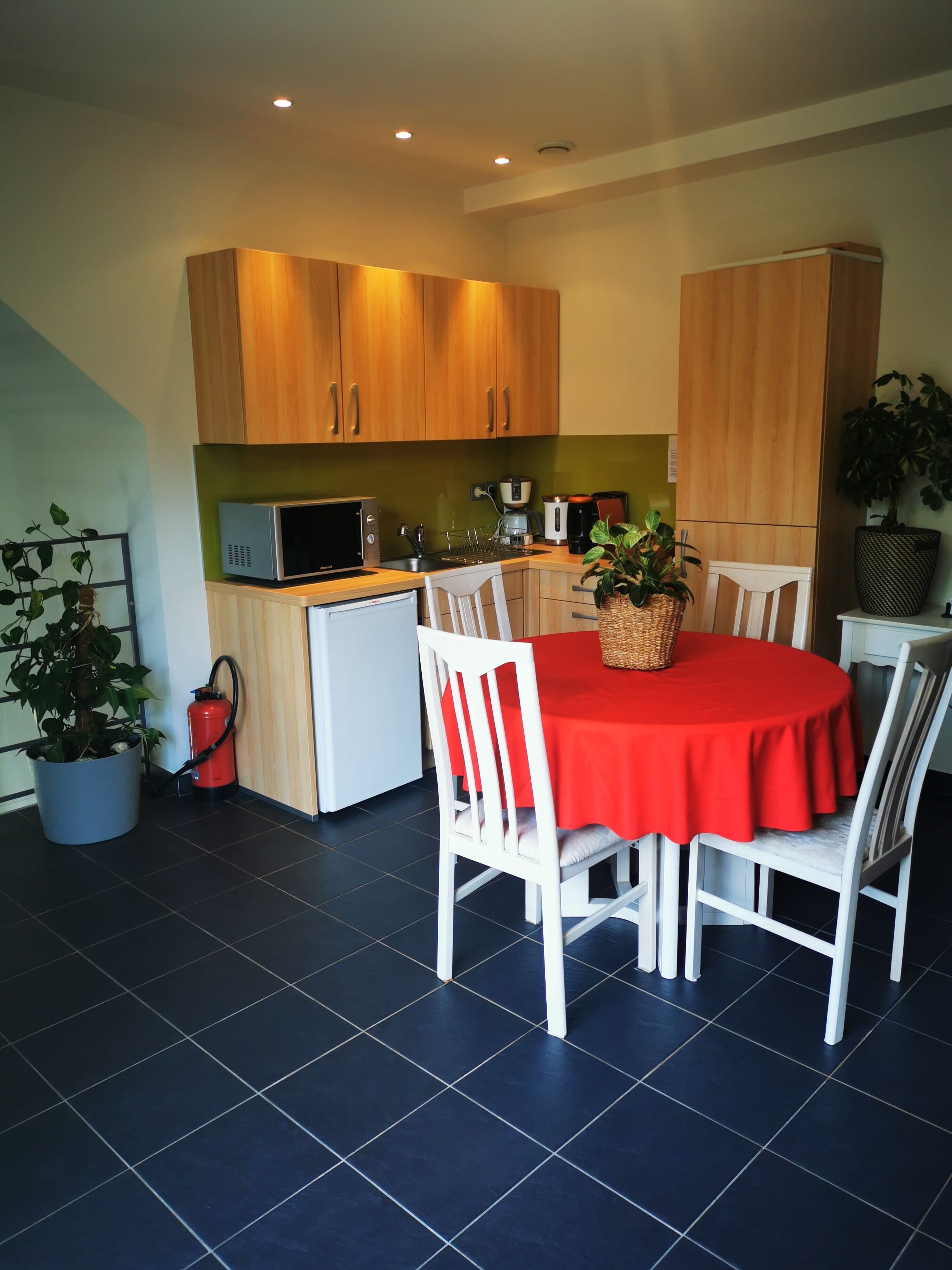 A compact kitchen with wooden cabinets, a microwave, and a coffee maker. There is a dining table with a red tablecloth and white chairs. A potted plant is on the table, and a fire extinguisher is near the kitchen.