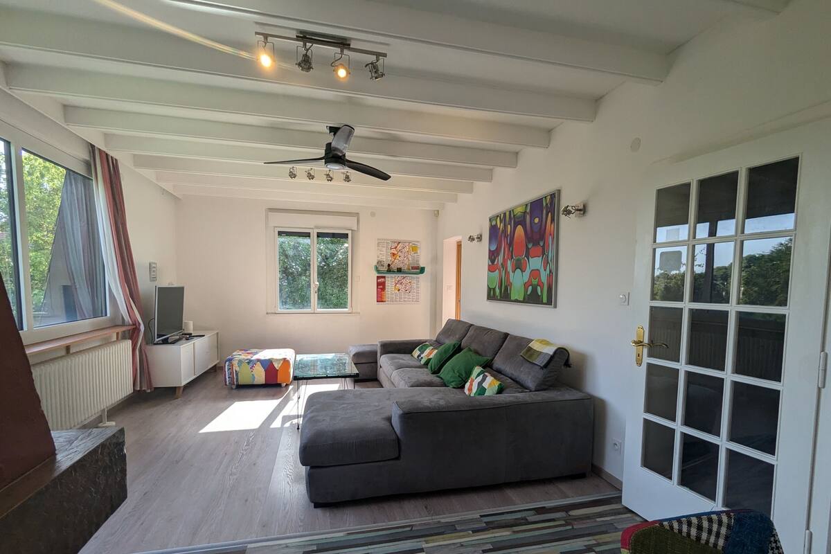 Una sala moderna con un sofá seccional gris, una mesa de centro de vidrio, un armario blanco y una alfombra colorida. Hay dos ventanas con cortinas, un ventilador de techo y una puerta con paneles de vidrio.