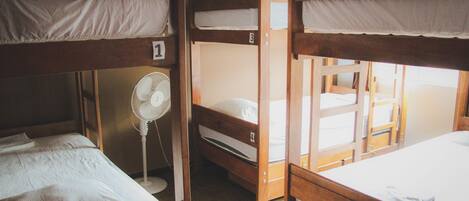 Un dormitorio con literas, camas numeradas y un ventilador de pie.