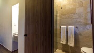 Ein modernes Badezimmer mit Holztür, Duschbereich mit Steinfliesen und Toilette.