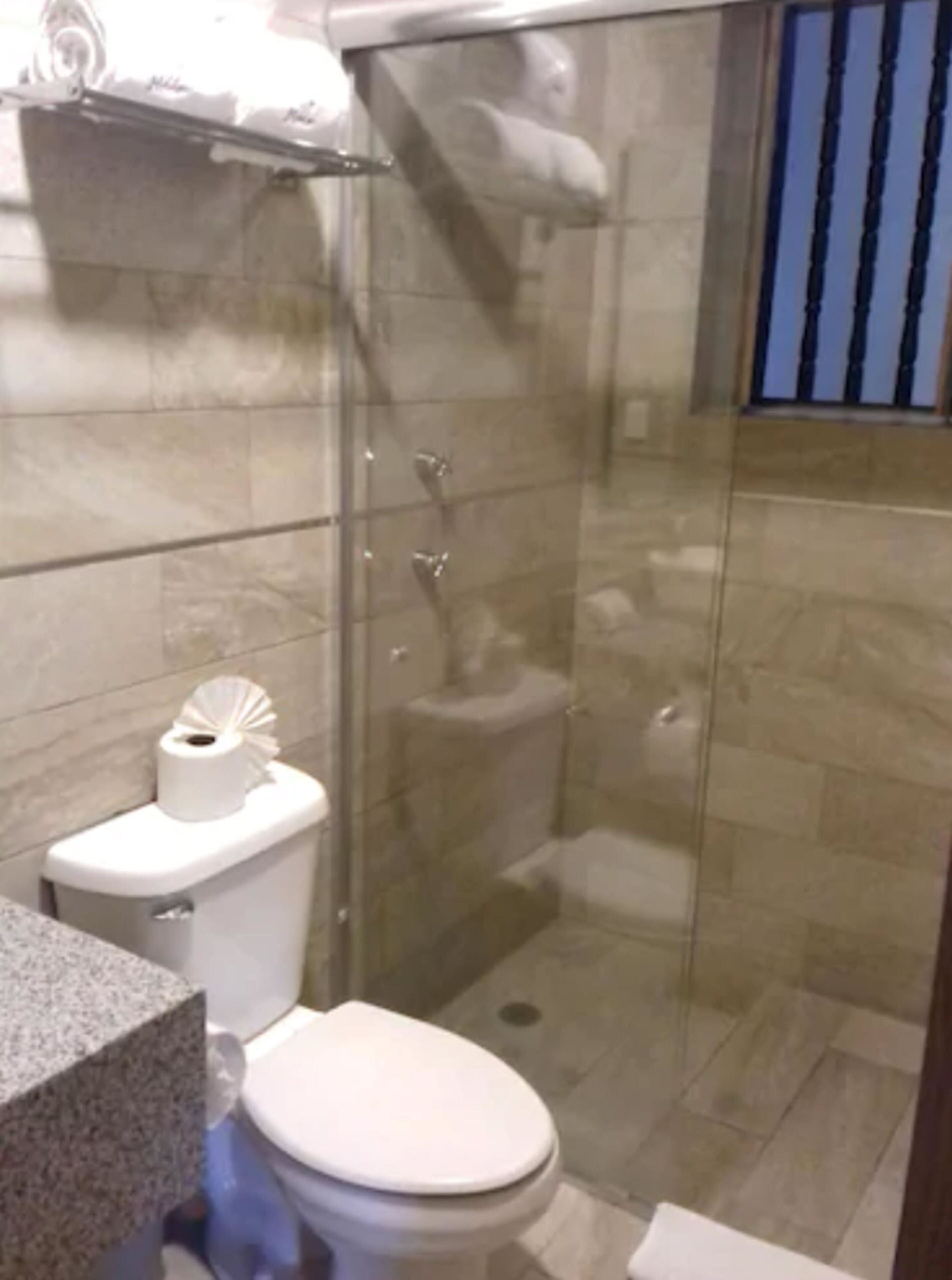 A bathroom with a toilet, a shower enclosure, and a sink.