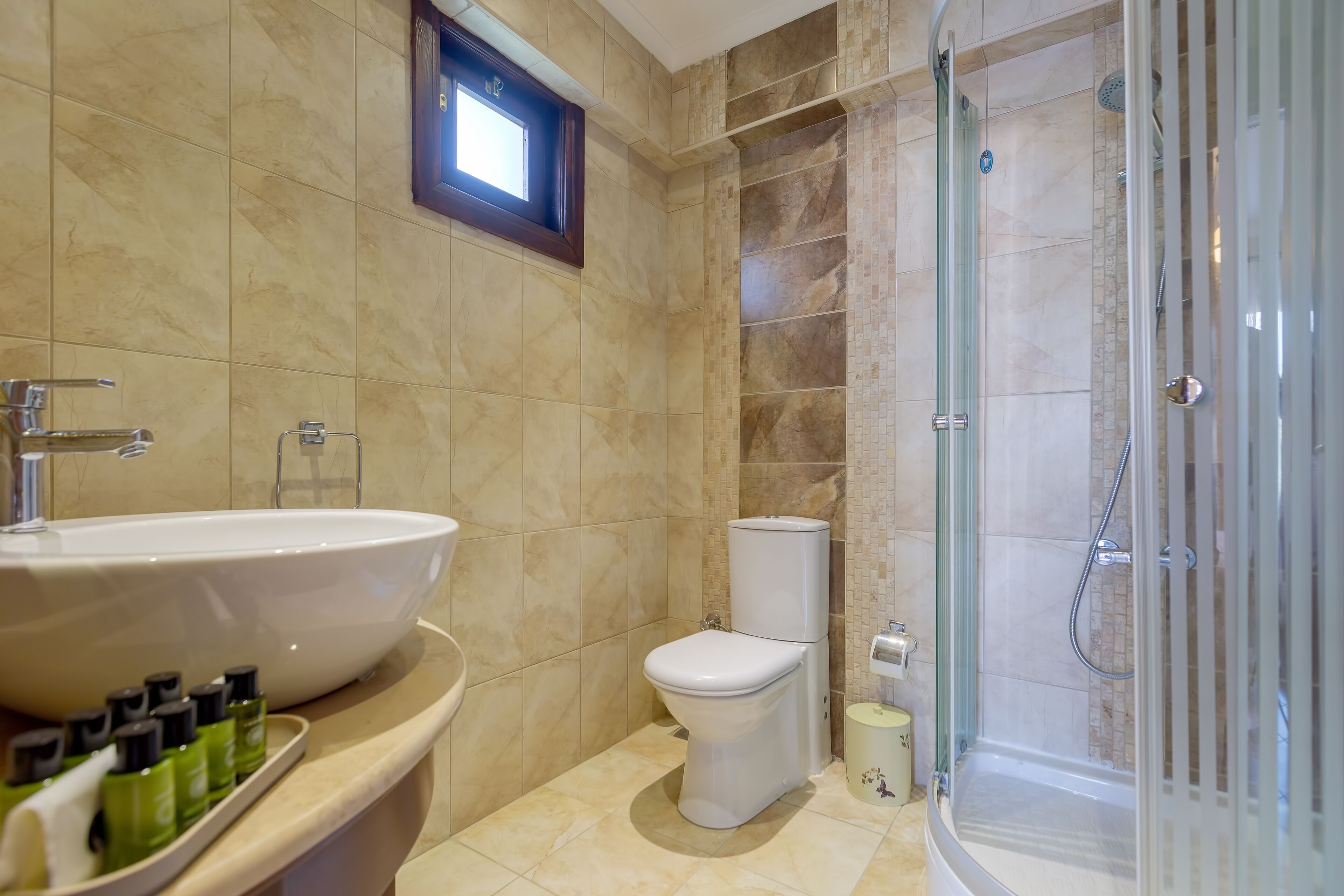 stone room  | bathroom | shower, free toiletries, hair dryer, slippers