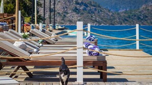 Terraza de madera con sillones de descanso y una barandilla de cuerda, con vistas a un cuerpo de agua y un paisaje montañoso.