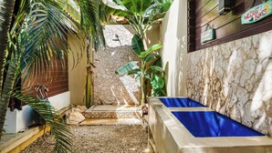 A narrow pathway leading to a stone wall with a blue bench, surrounded by lush tropical plants. - Bamboo Bonaire by Boutique Bonaire Unique Resorts (Kralendijk)