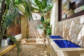 A narrow pathway leading to a stone wall with a blue bench, surrounded by lush tropical plants. - Bamboo Bonaire by Boutique Bonaire Unique Resorts (Kralendijk)