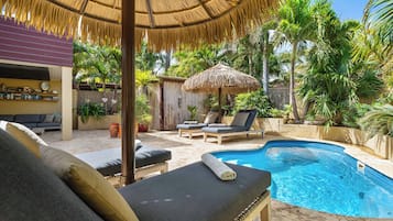 Outdoor pool, pool umbrellas, pool loungers