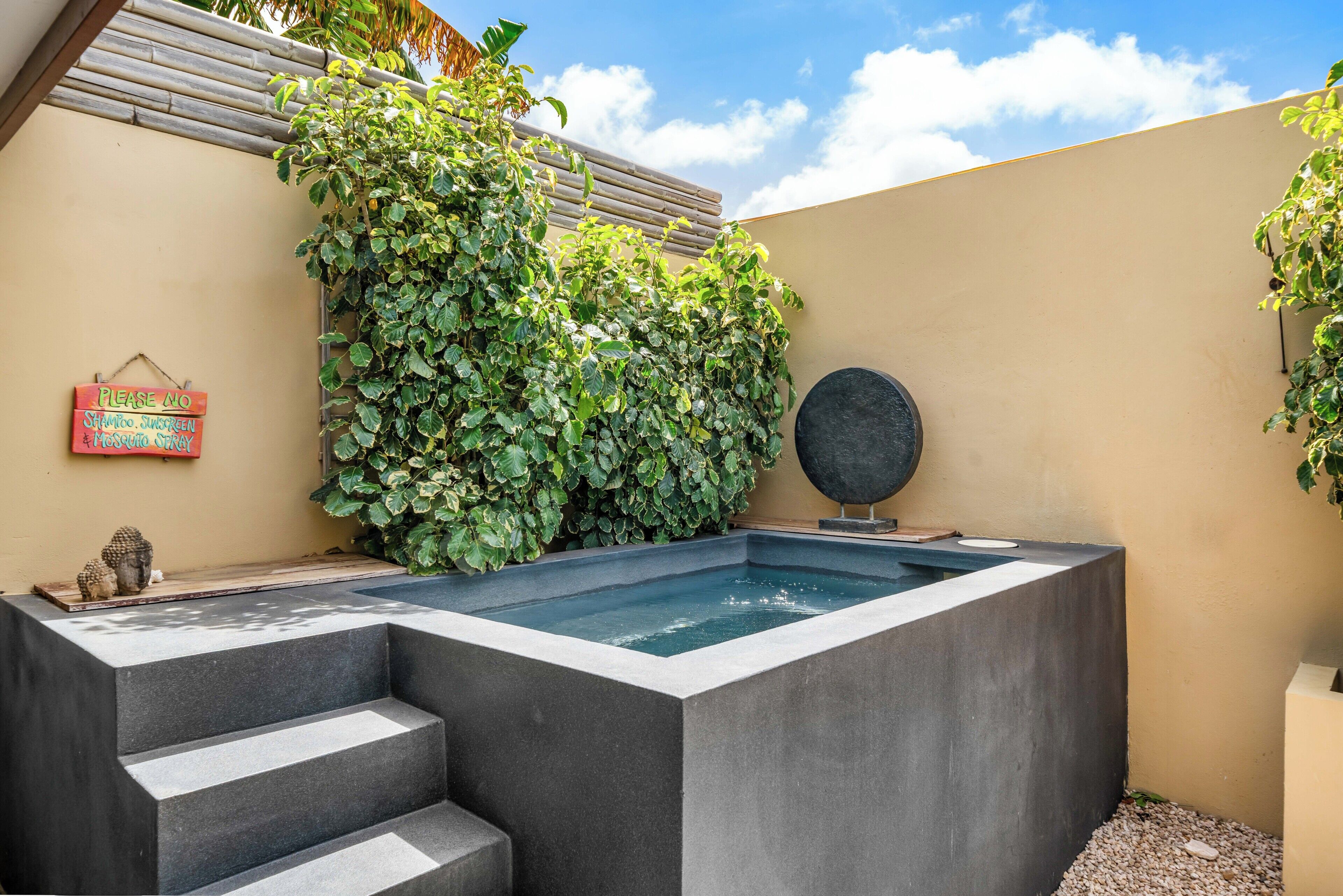 A spa area with a hot tub, steps leading to it, and a wall with greenery.
