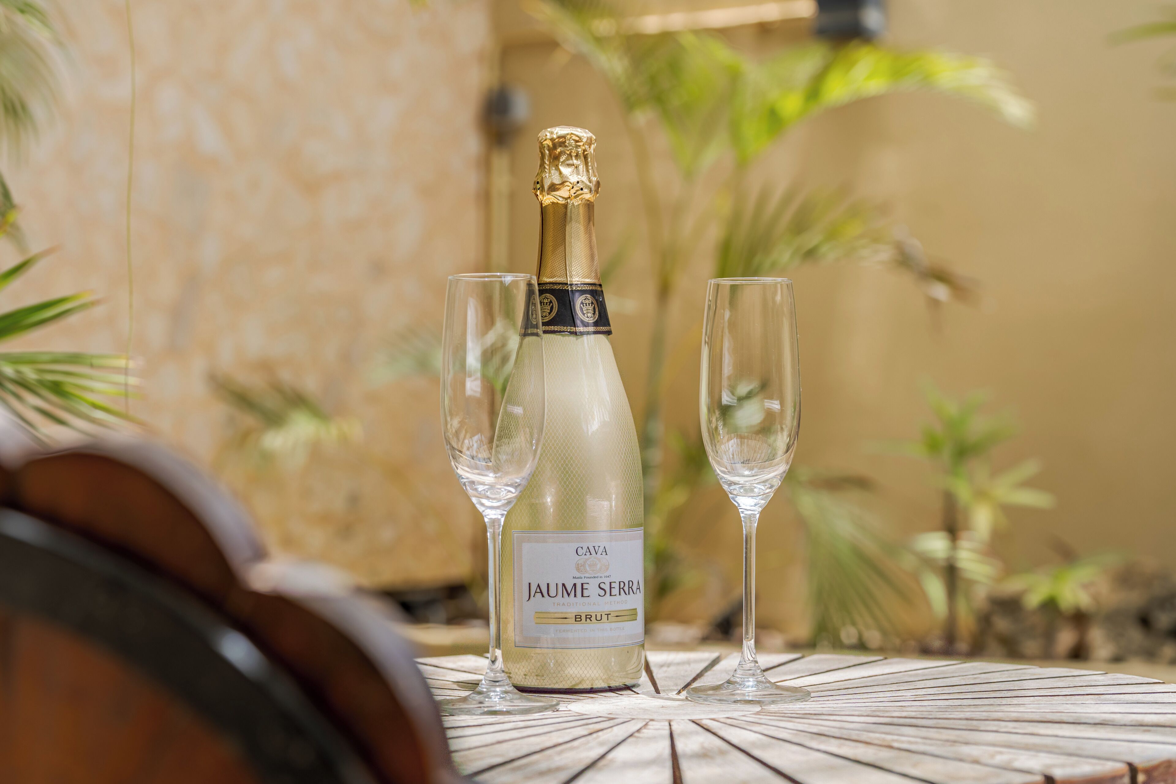 Een fles Jaume Serra Brut wijn en twee glazen op een tafel, met een palmplant op de achtergrond.