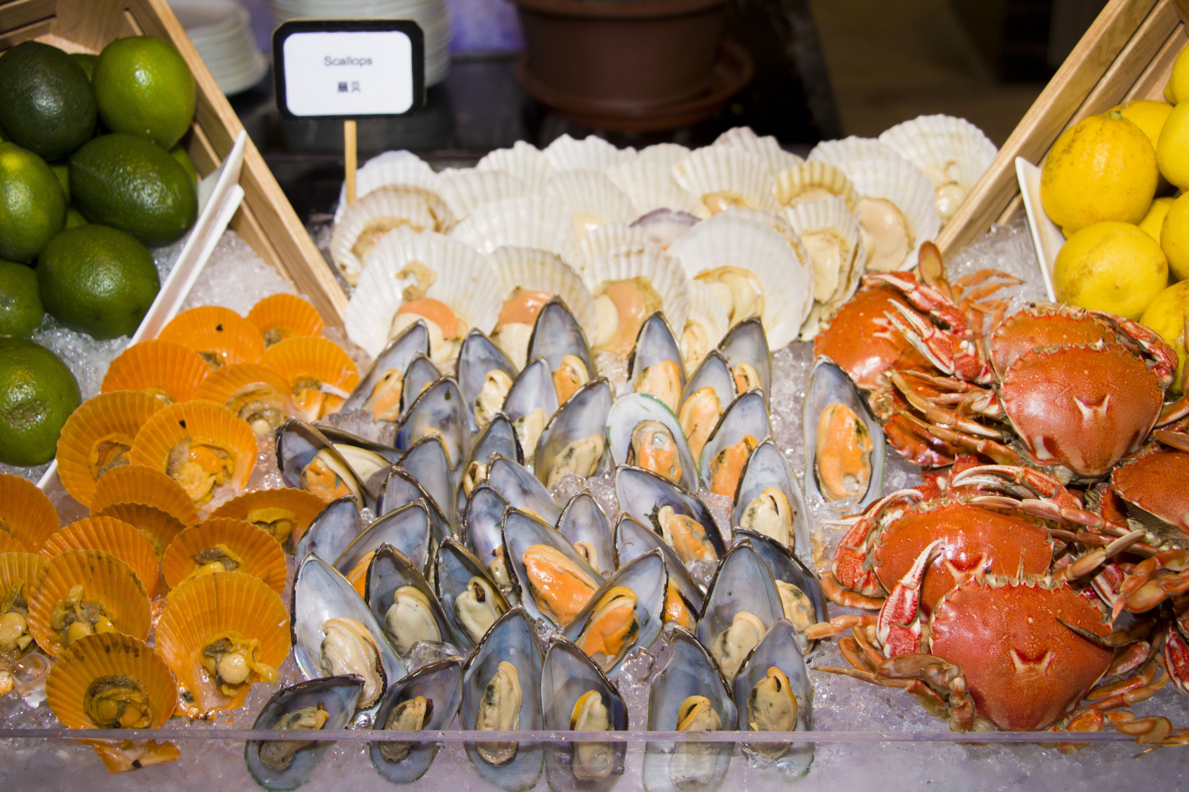 Una exhibición de mariscos con diversos tipos de crustáceos y frutas cítricas.